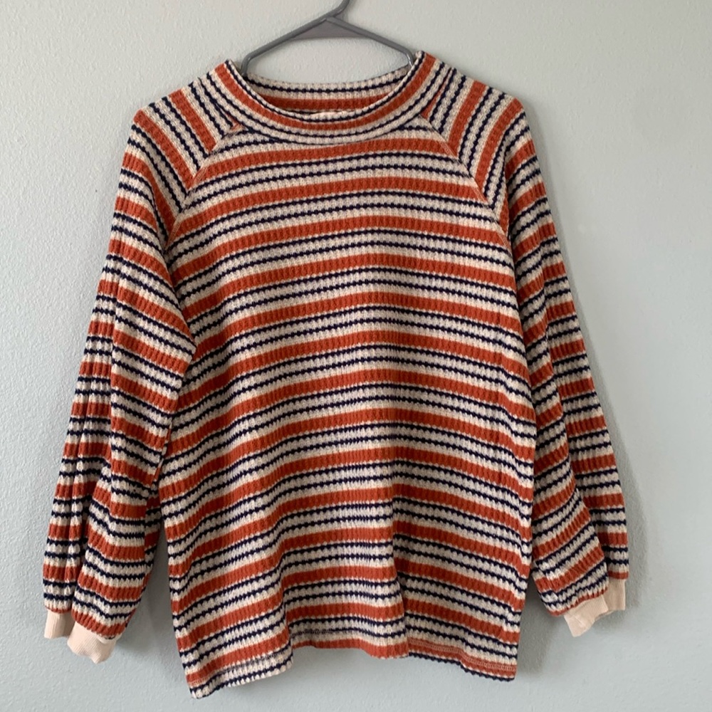 Hummingbird striped mock neck balloon puff sleeve pullover sweater!